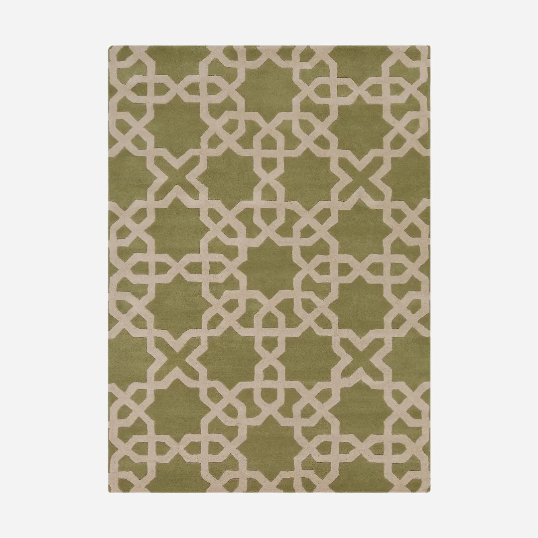 Green and beige wool rug with geometric star pattern