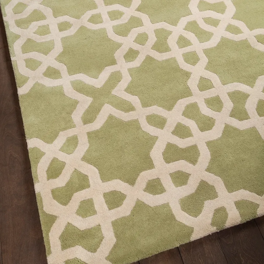Modern wool rug with olive green and beige star shapes