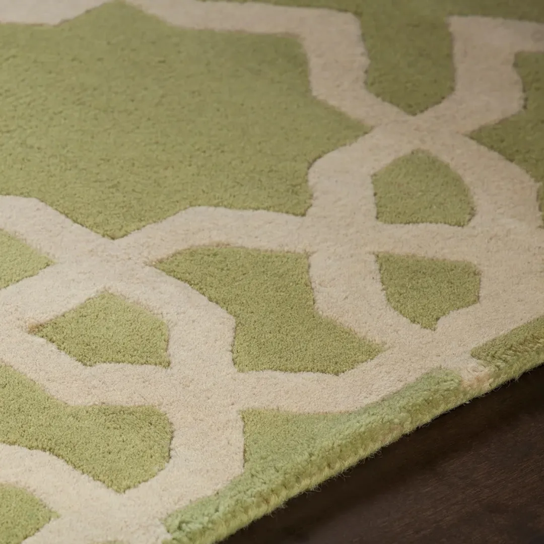 Geometric design rug in olive green and beige tones