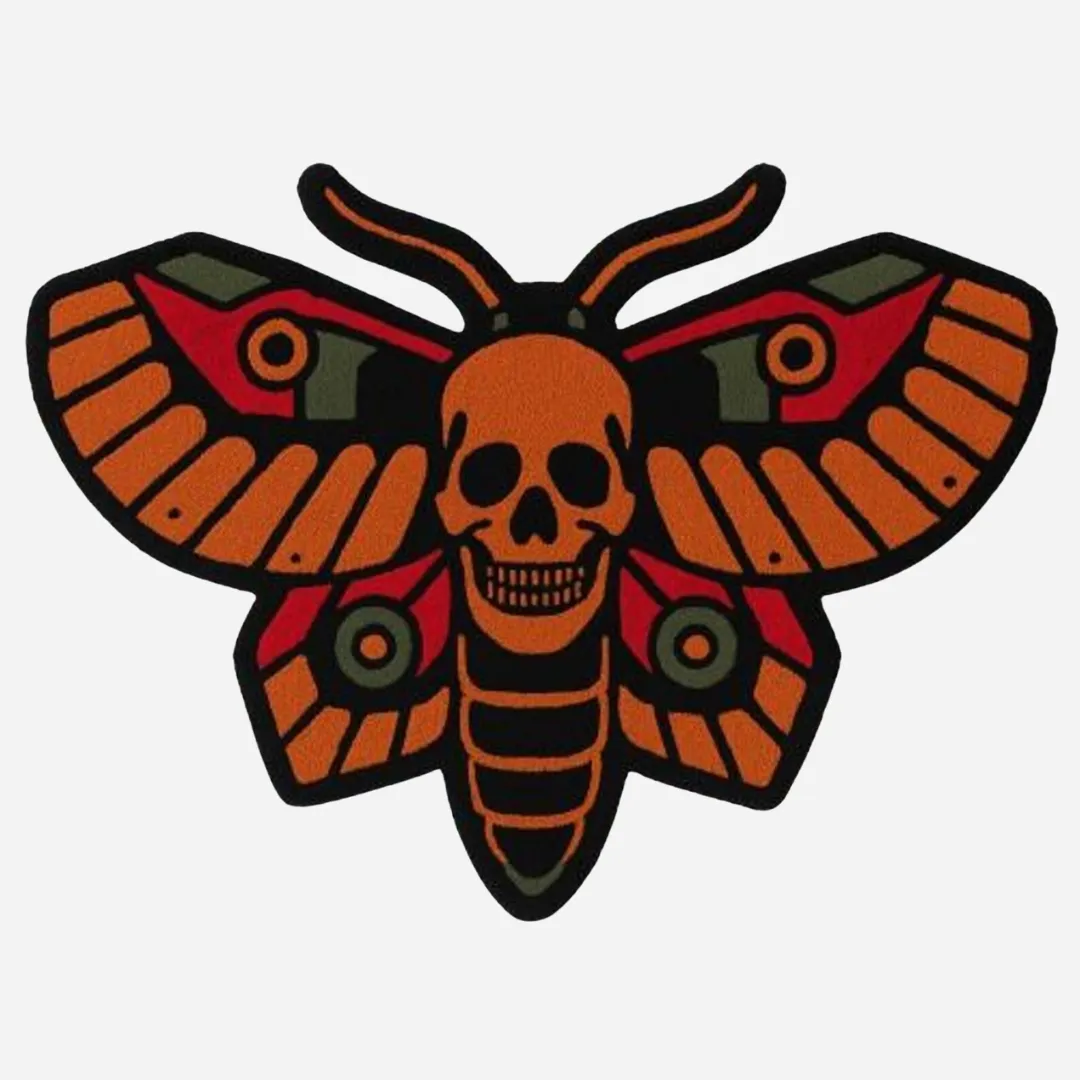 Death Head Moth Rug with Skull Face and Orange-Red Wings – Tattoo-Inspired Shaped Rug