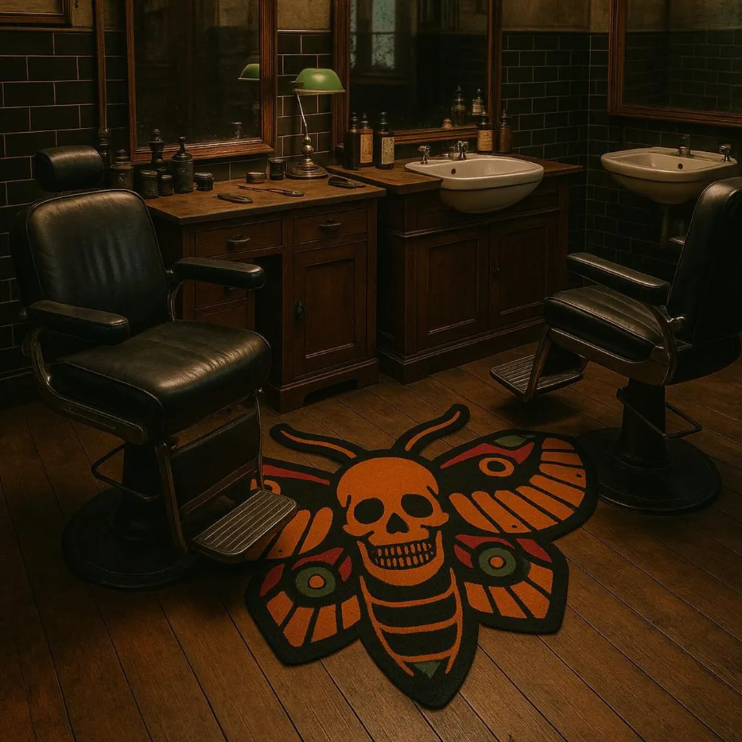 Orange death Head Moth Rug with Skull Face and Orange-Red Wings – Tattoo-Inspired Shaped Rug