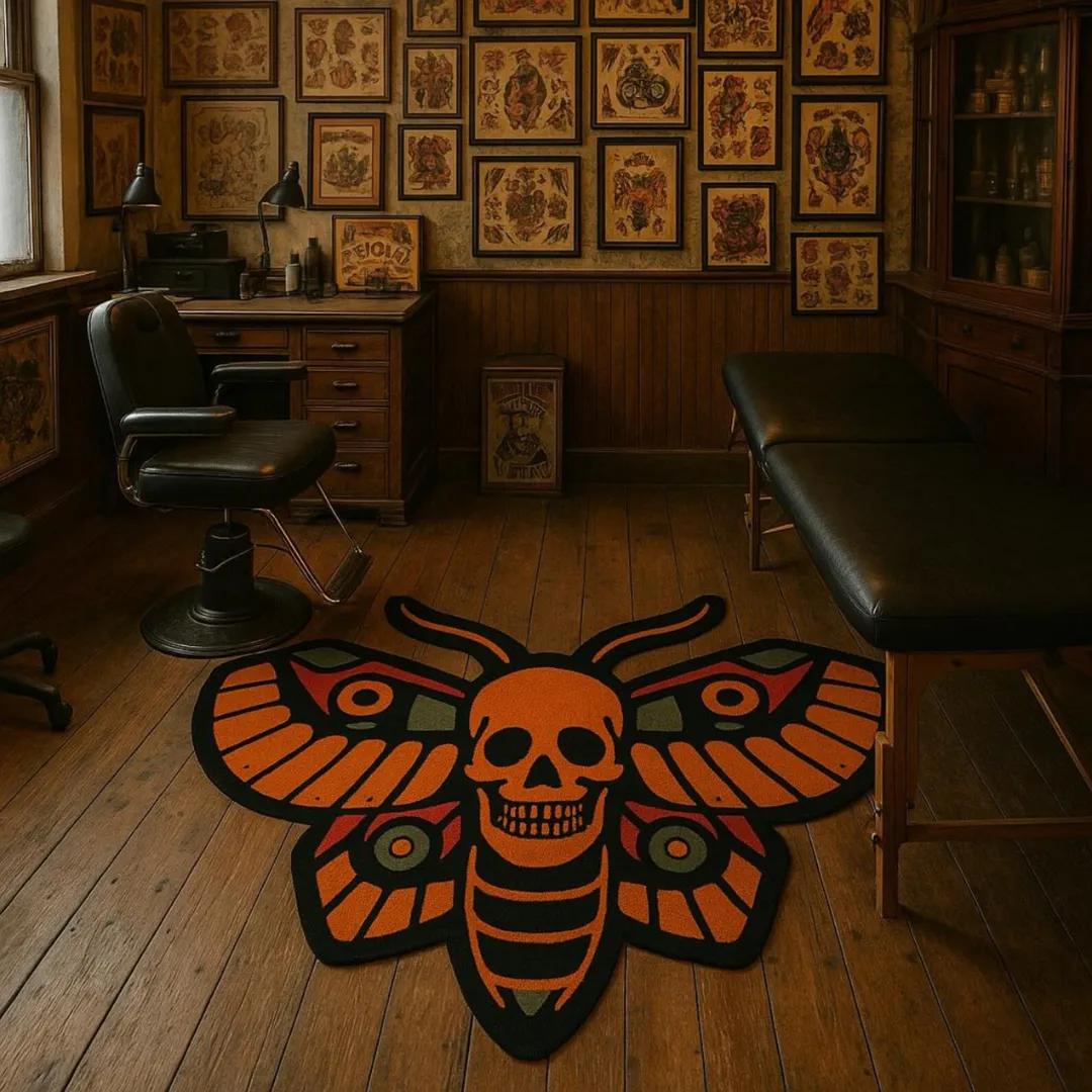 Orange Head Moth Rug with Skull Face and Orange-Red Wings – Tattoo-Inspired Shaped Rug