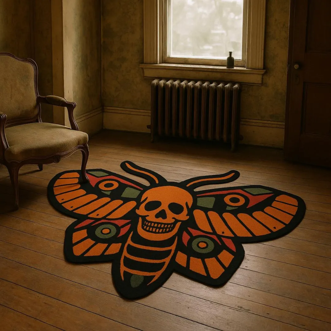 Orange death Head Moth Rug with Skull Face and Orange-Red Wings Rug