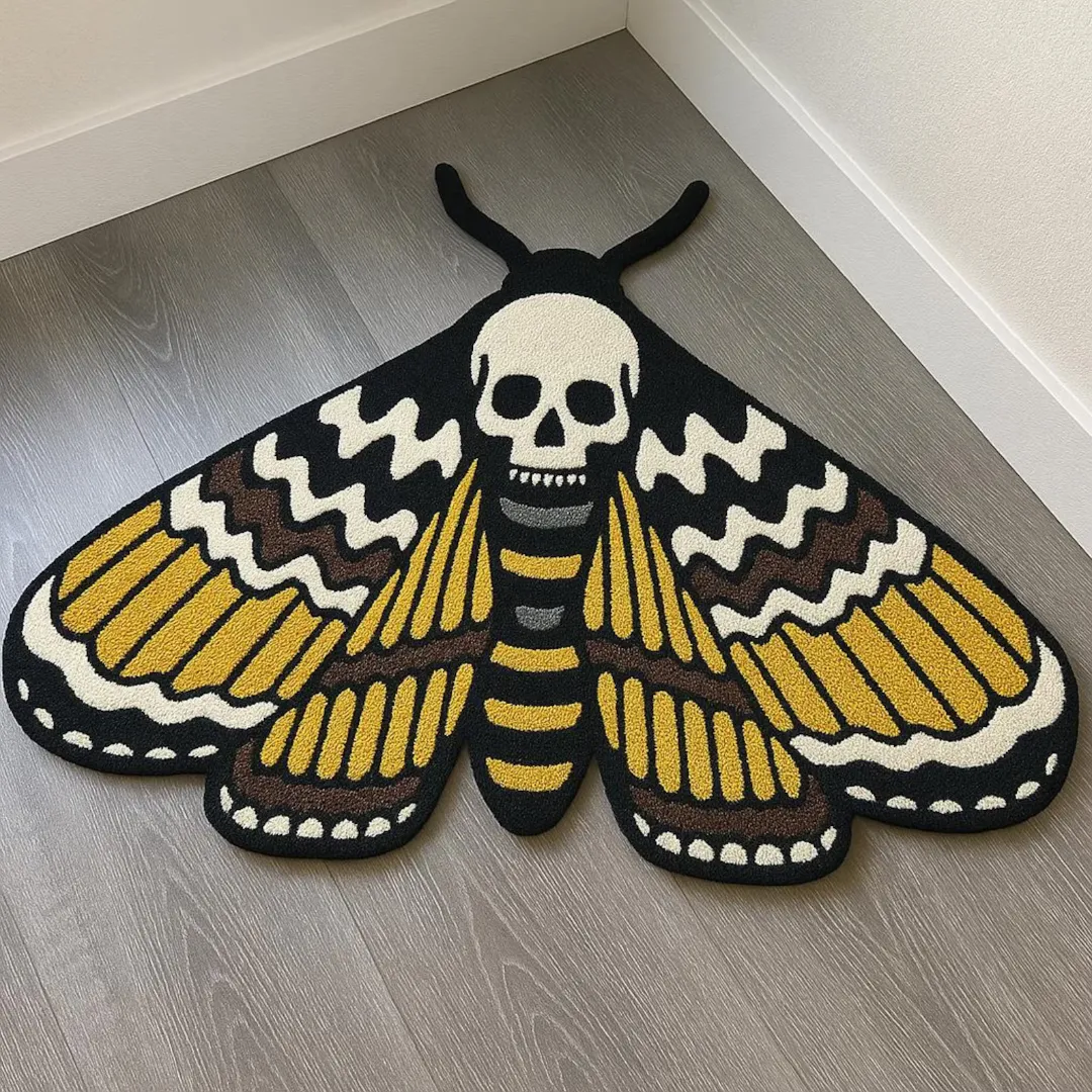 Skull moth tattoo-style wool rug in black and yellow