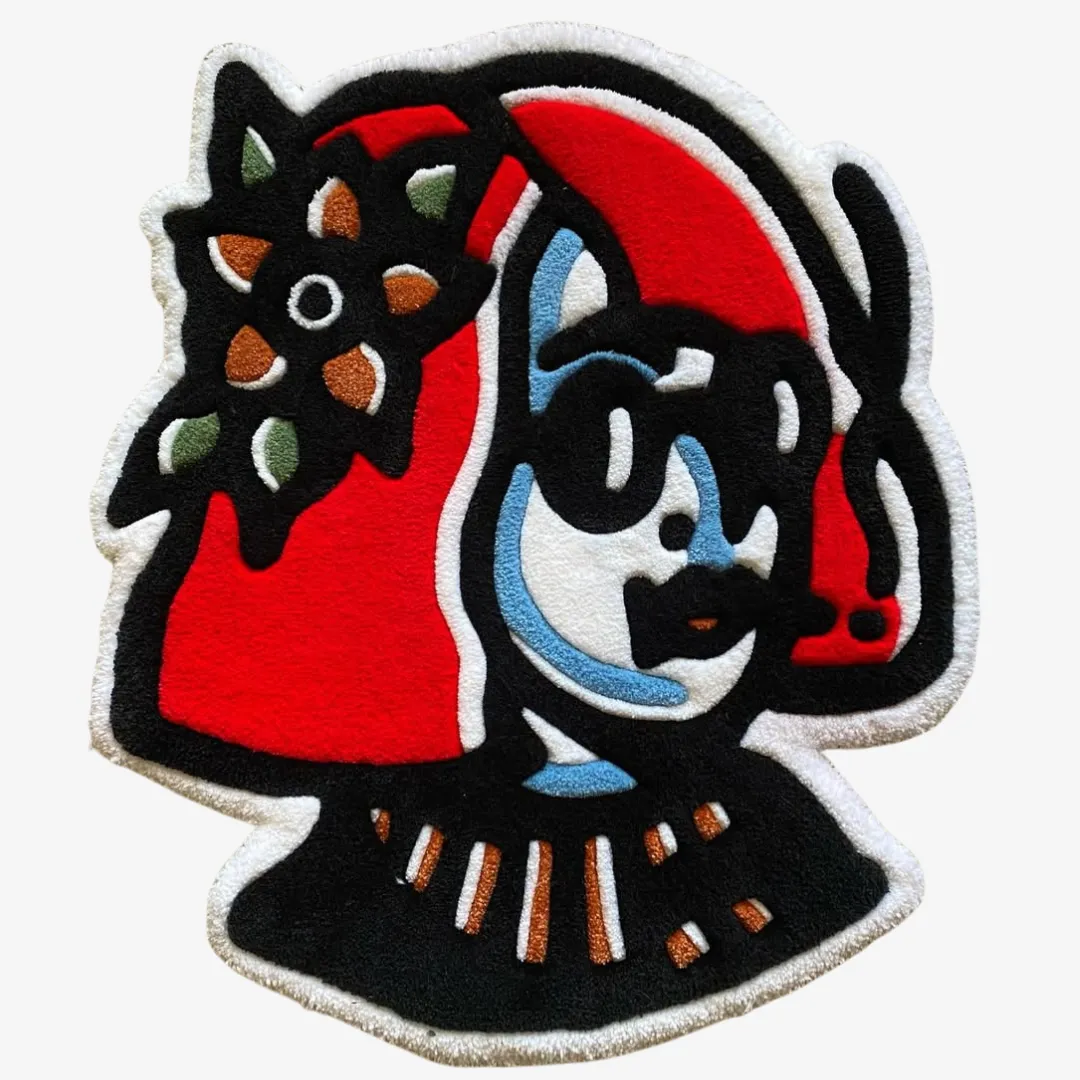 Abstract woman face rug with red hair and sunglasses