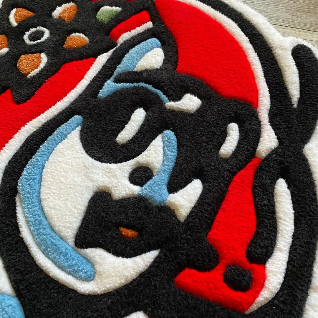 Bold tattoo-style woman rug with black turtleneck and flower detail