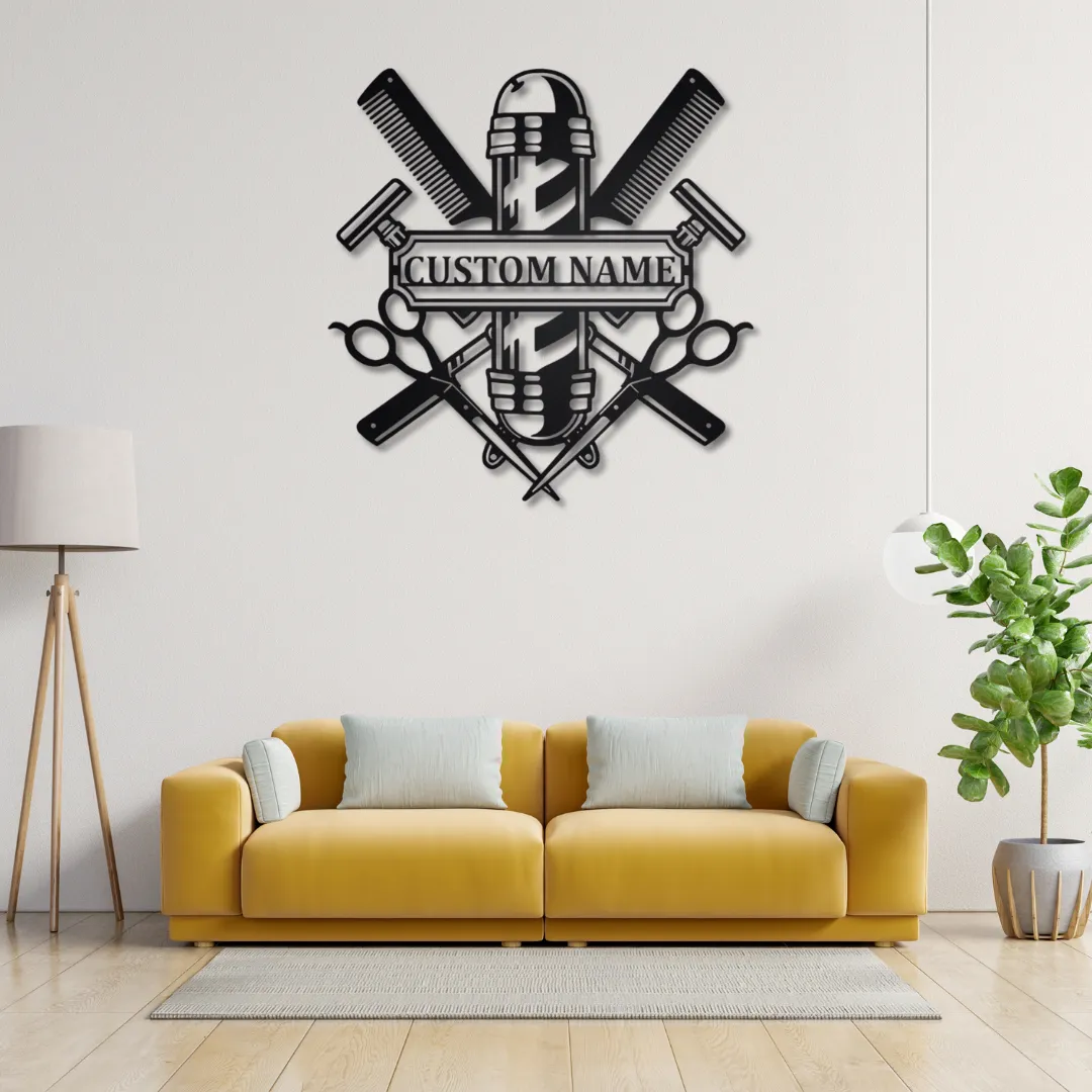 Barber Craft Silhouette Custom metal wall art with barber pole and tools design.