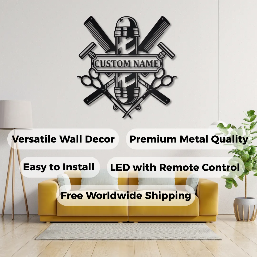 Barber Craft Silhouettes Personalized barber shop wall decor in black metal.