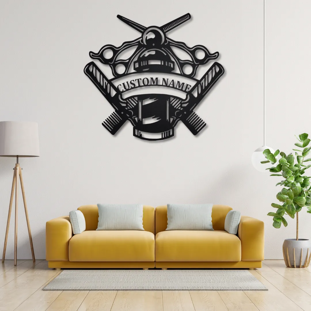 Barber Forge Silhouette Custom barber shop metal wall decor with scissors and combs.