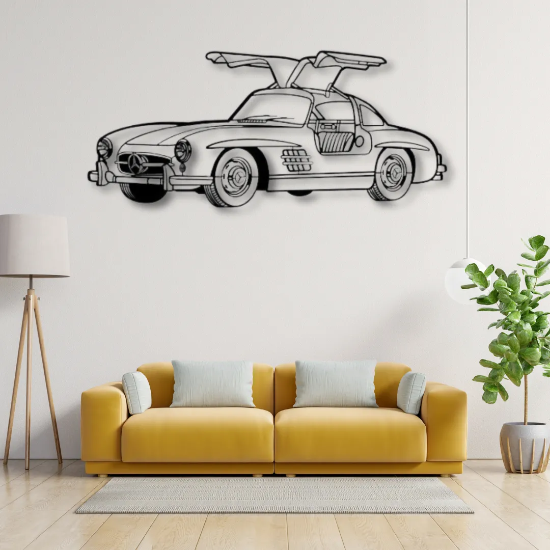 Benz 300SL Silhouette Mercedes-Benz 300SL Gullwing metal wall art, sleek black outline.