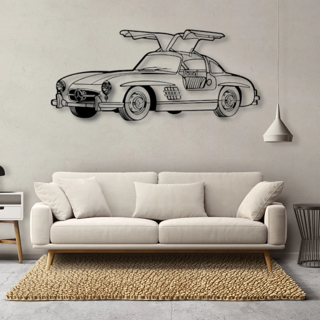 Benz 300SL Silhouettes Classic Mercedes 300SL Gullwing car outline on a white wall.