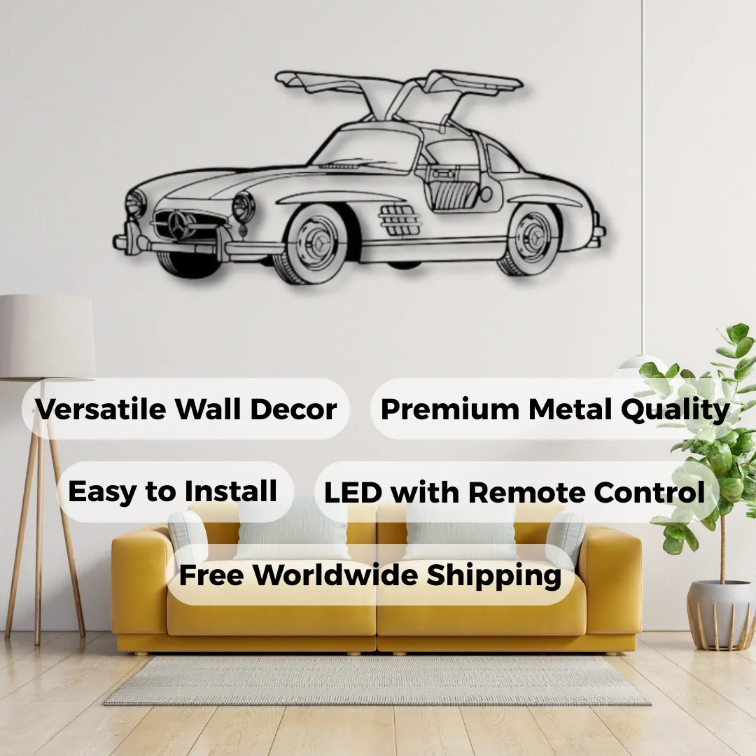 Benz Metal wall art featuring the Mercedes-Benz 300SL in minimalist style.