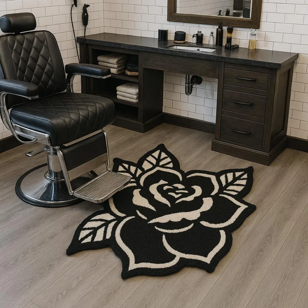 Handmade wool rug with a bold black and ivory rose tattoo design
