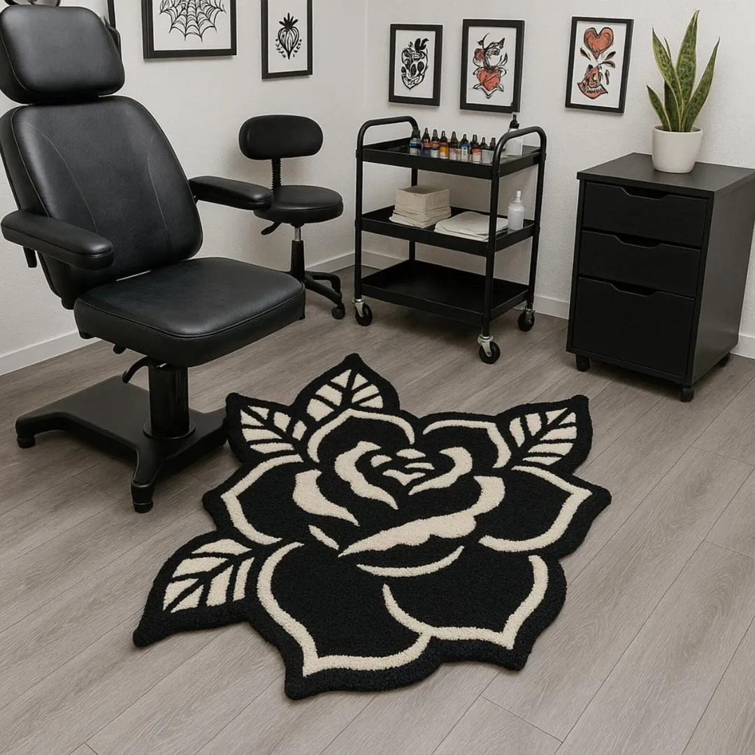 Black Rose Tattoo Wool Rug with a striking black rose design in ivory