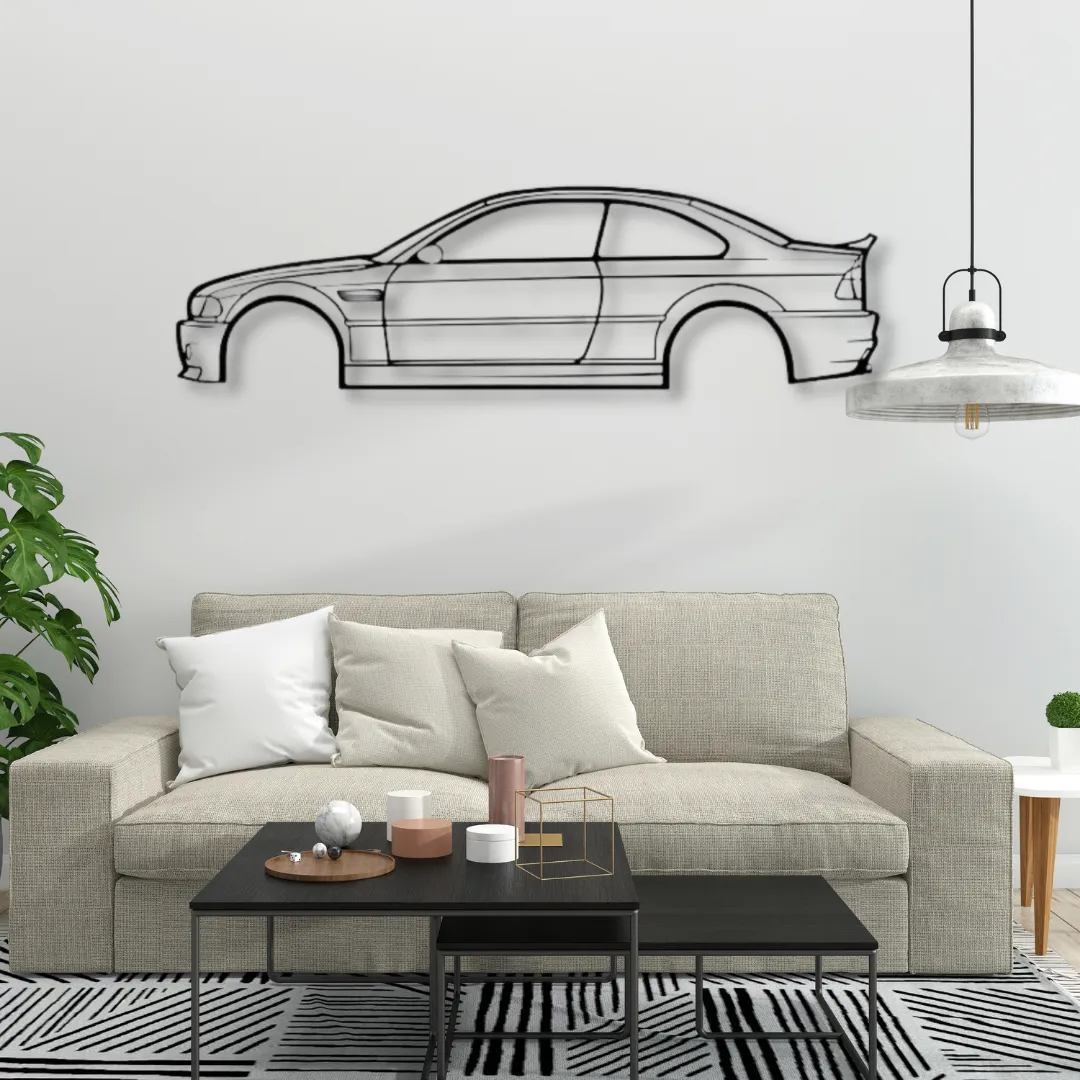 bmw m3 silhouettes Side view of BMW M3 in sleek metal wall art for car lovers.