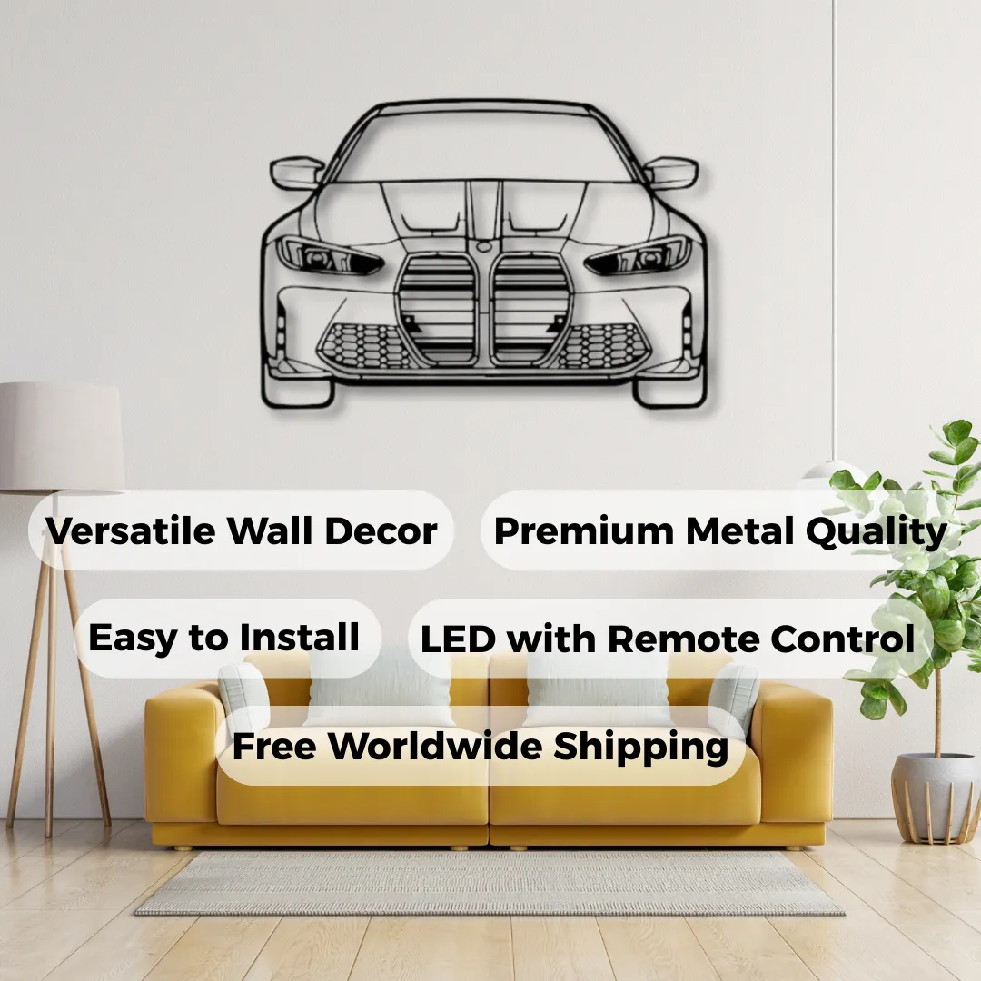 BMW M4 Car Silhouettes Sleek black BMW M4 custom car metal art on a white wall.