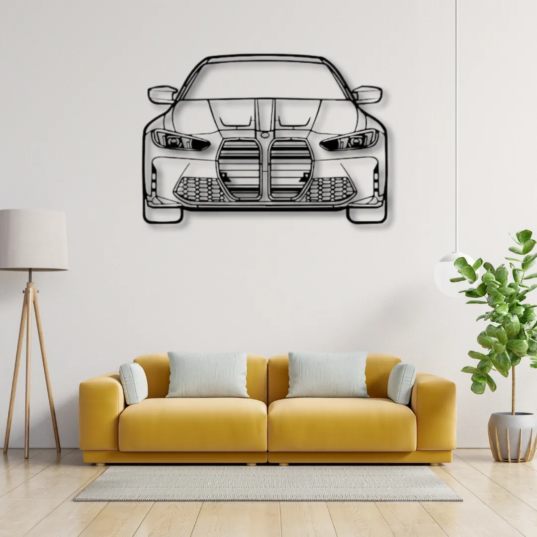 BMW M4 Silhouette BMW M4 front profile custom metal wall art in black outline.