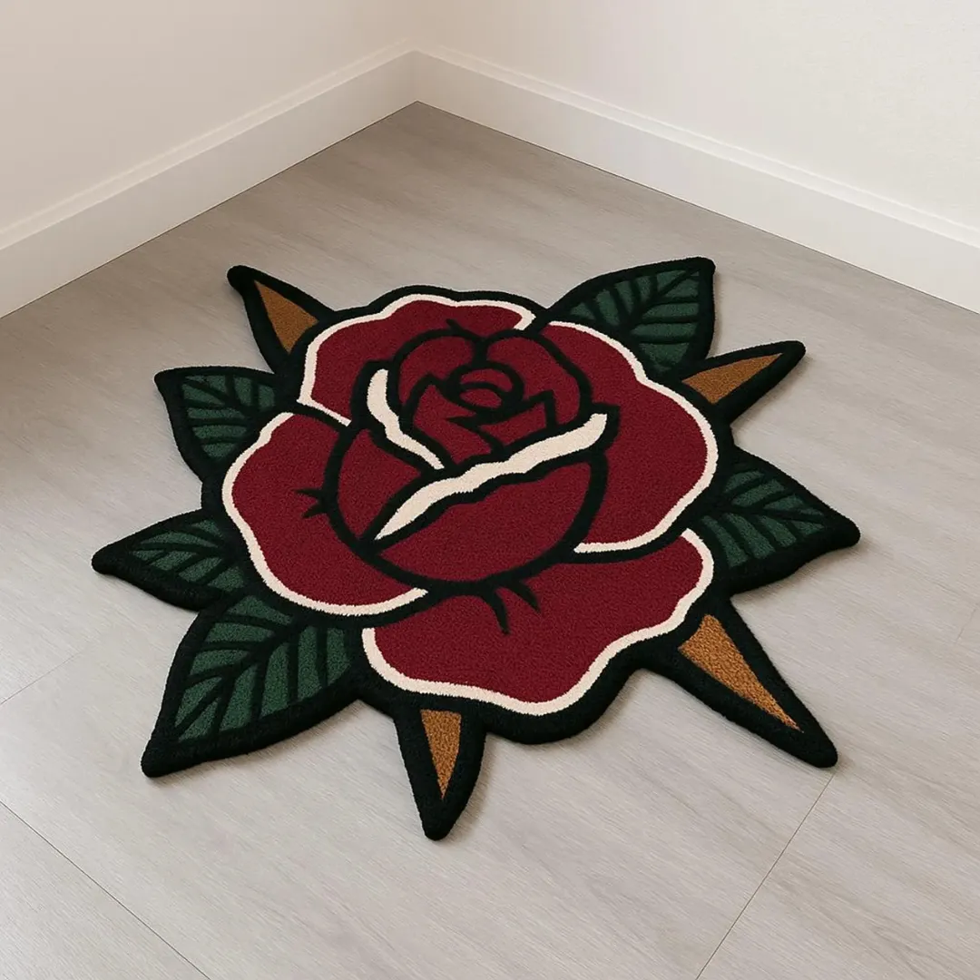 Classic rose tattoo rug with red petals and green leaves.