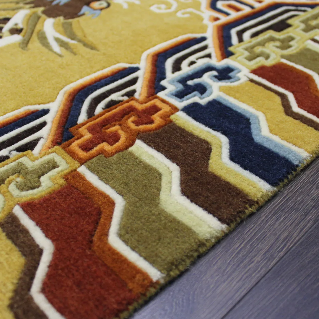Dragon motif rug with colorful cloud patterns and traditional Chinese symbolism.