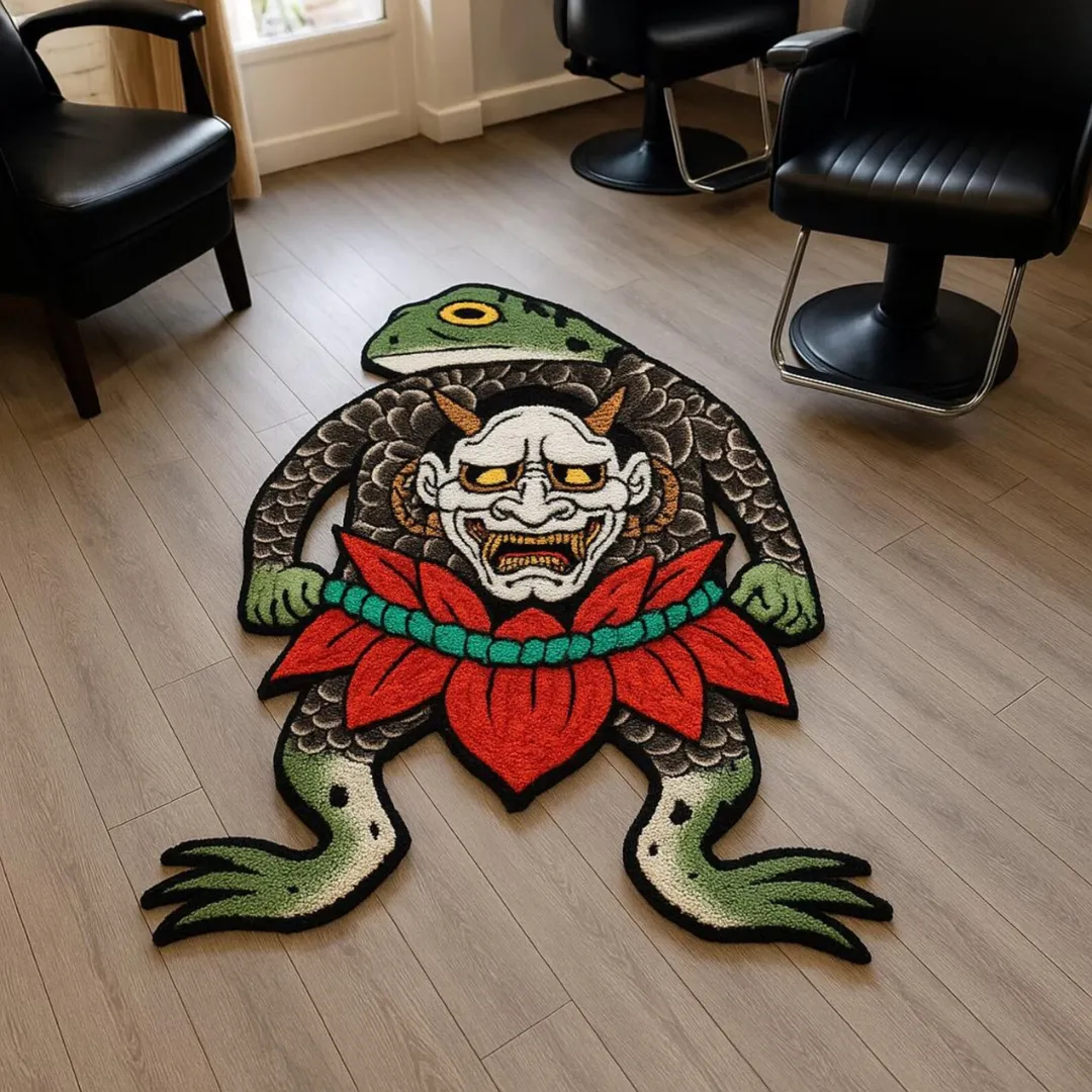 Hand-tufted wool rug featuring a fierce frog demon tattoo design