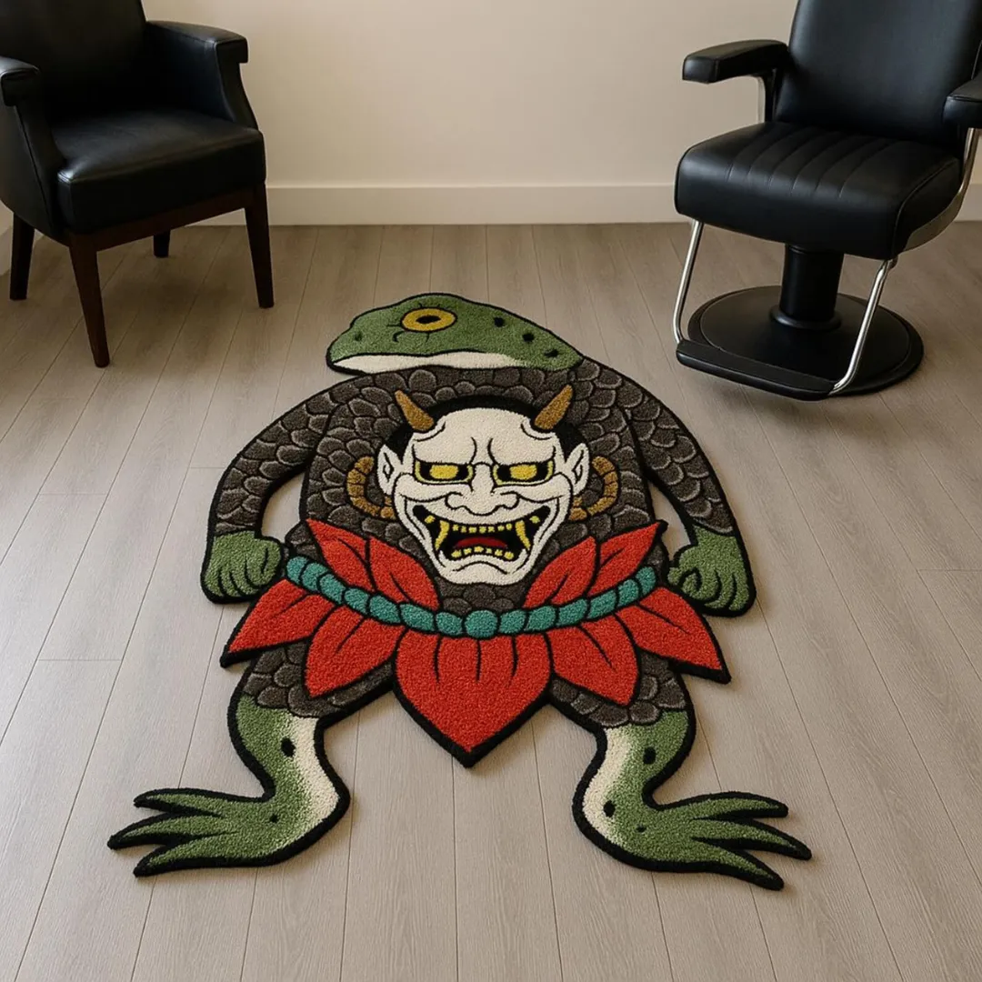 Detailed tattoo-style frog demon rug with floral elements