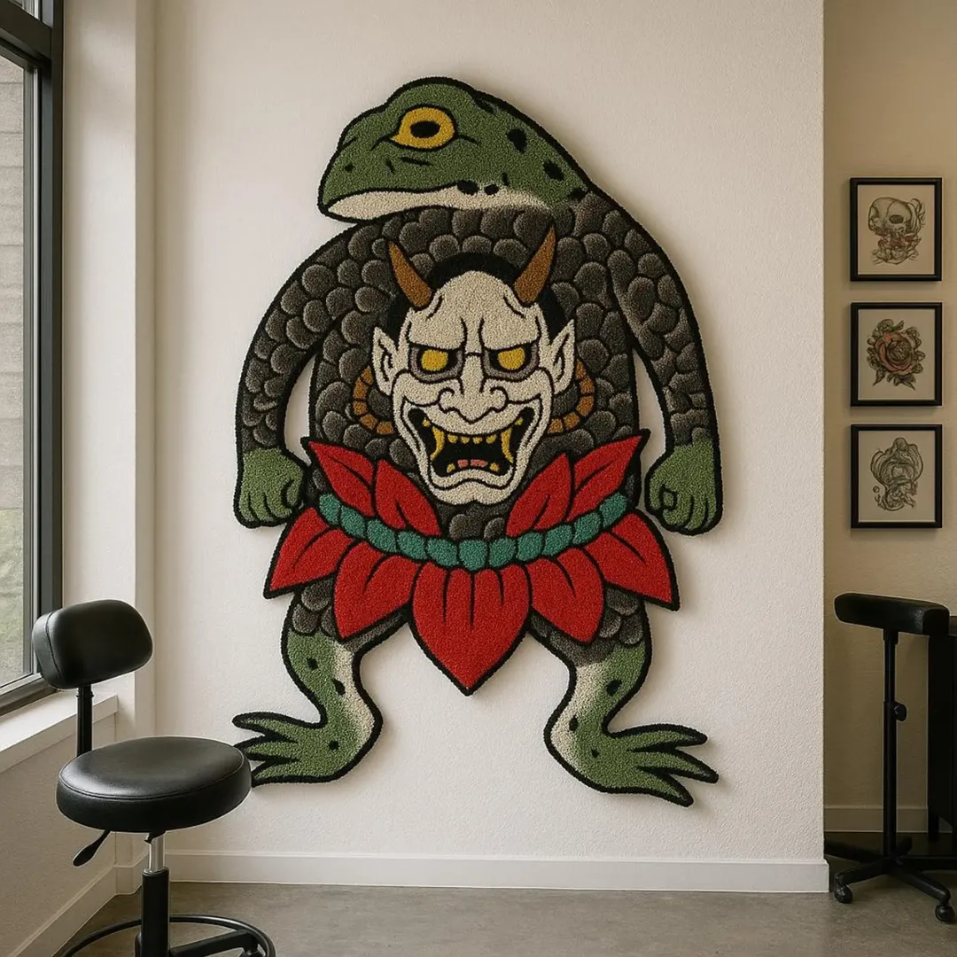 Frog Demon Tattoo Wool Rug with a striking frog demon design