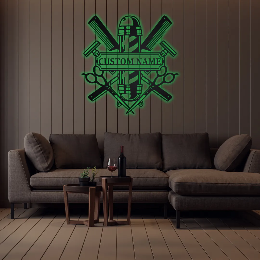 Green Barber Craft Silhouette Barber-inspired metal wall hanging with combs, scissors, and razors.