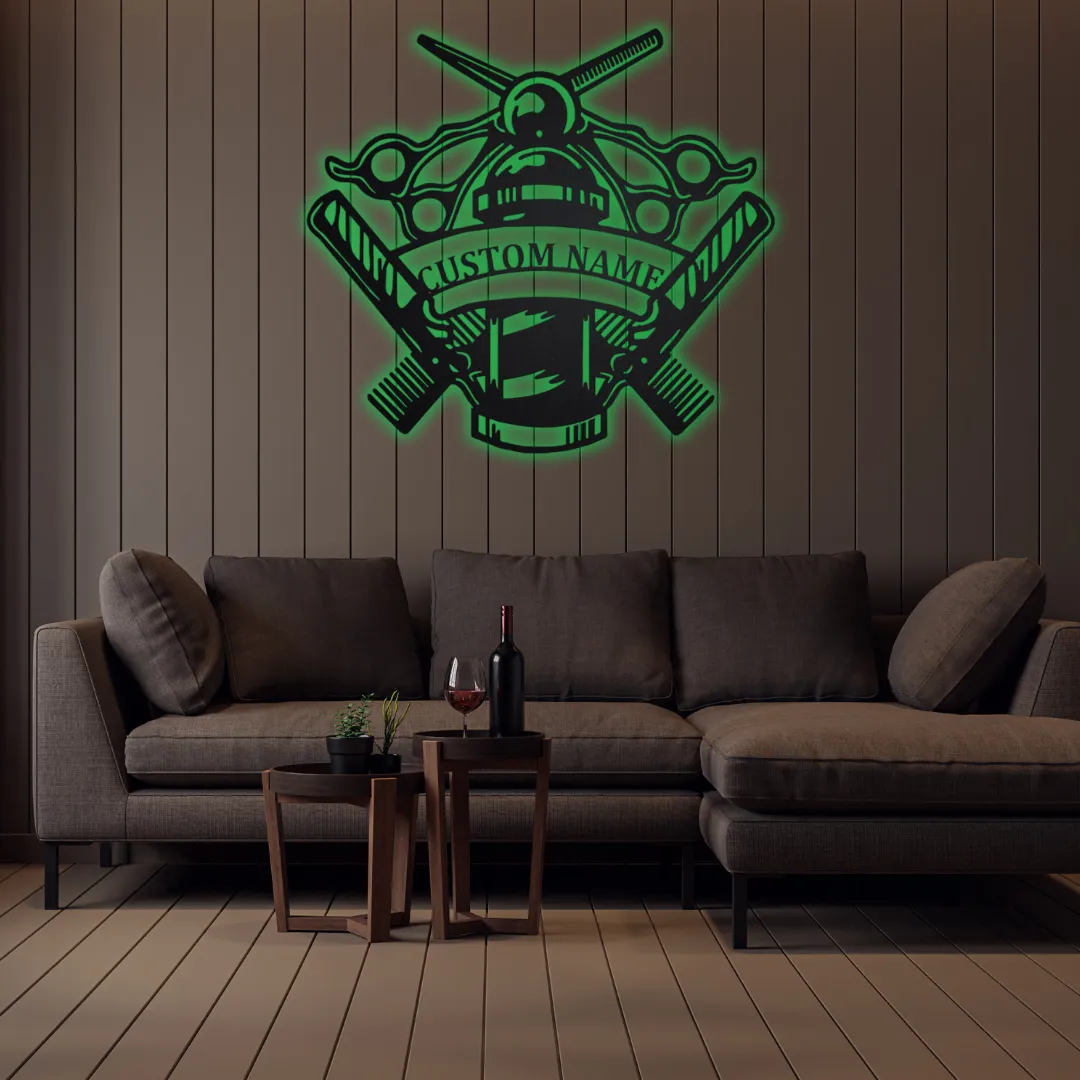 Green Barber Forge Silhouette Black metal barber-inspired wall hanging with custom name.