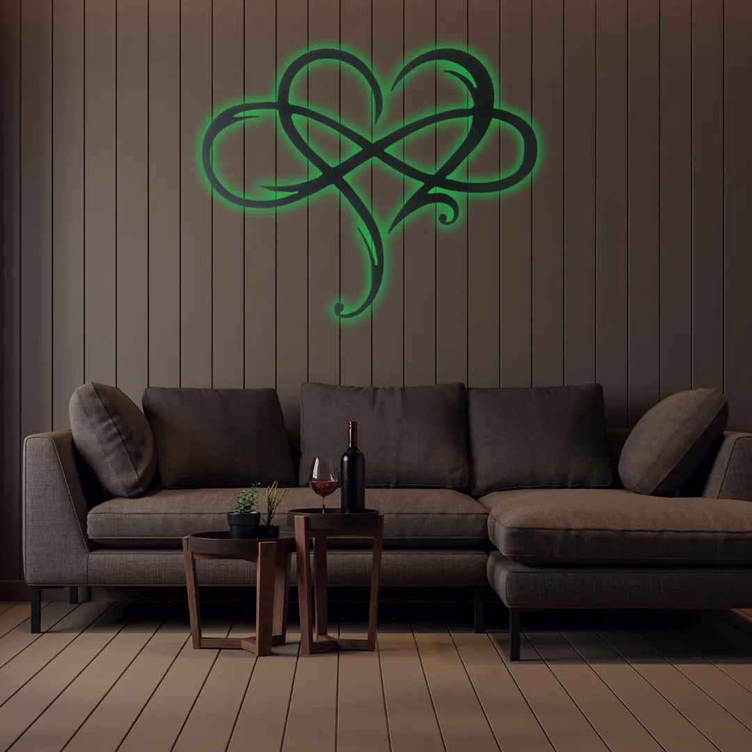 Green Eternal Love Silhouette Elegant interlocking heart metal art for bedroom or living room.