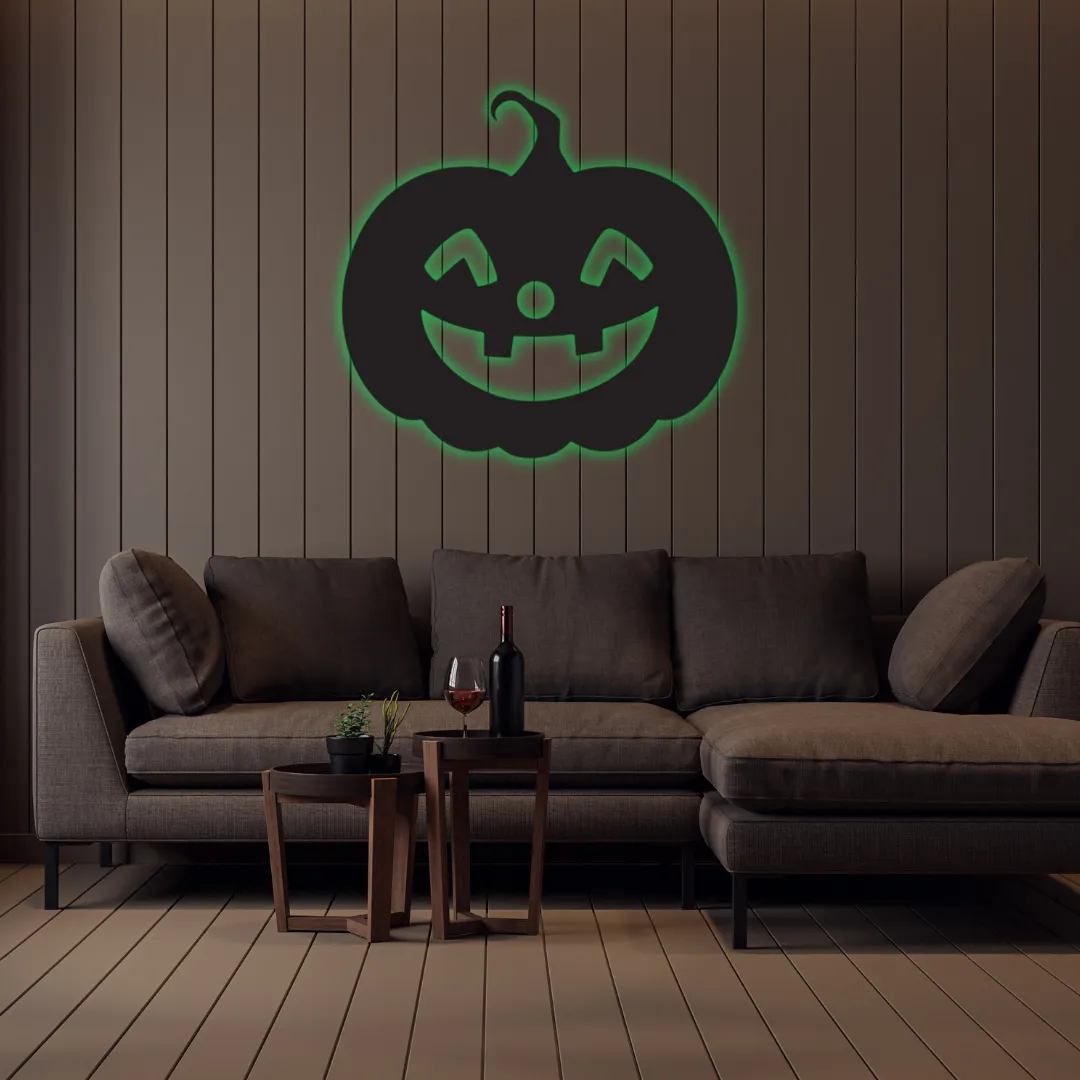 Green Pumpkin Glow Silhouette Cute jack-o’-lantern black metal wall art for Halloween