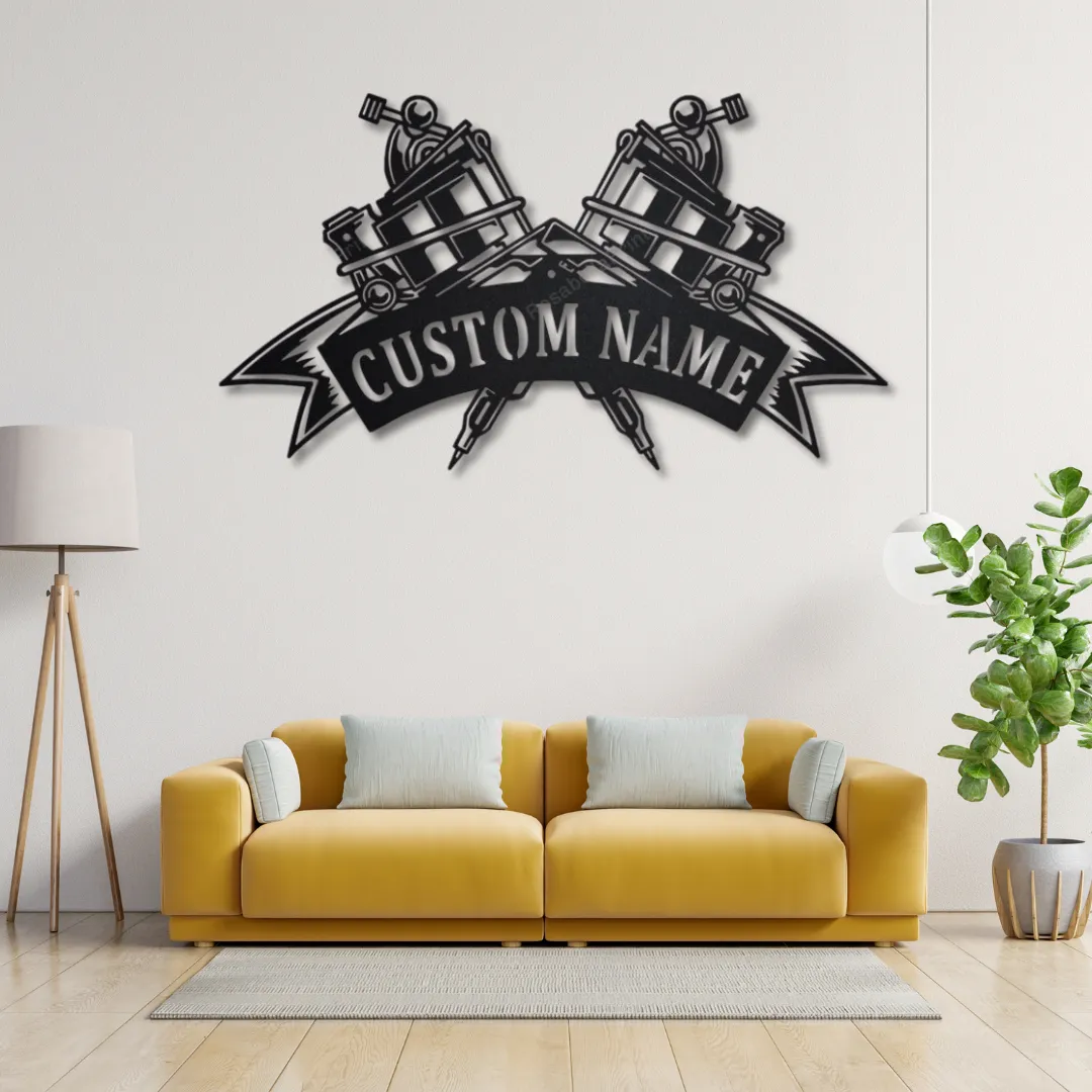 Inked Legacy Silhouette Custom tattoo shop wall decor with crossed tattoo machines.