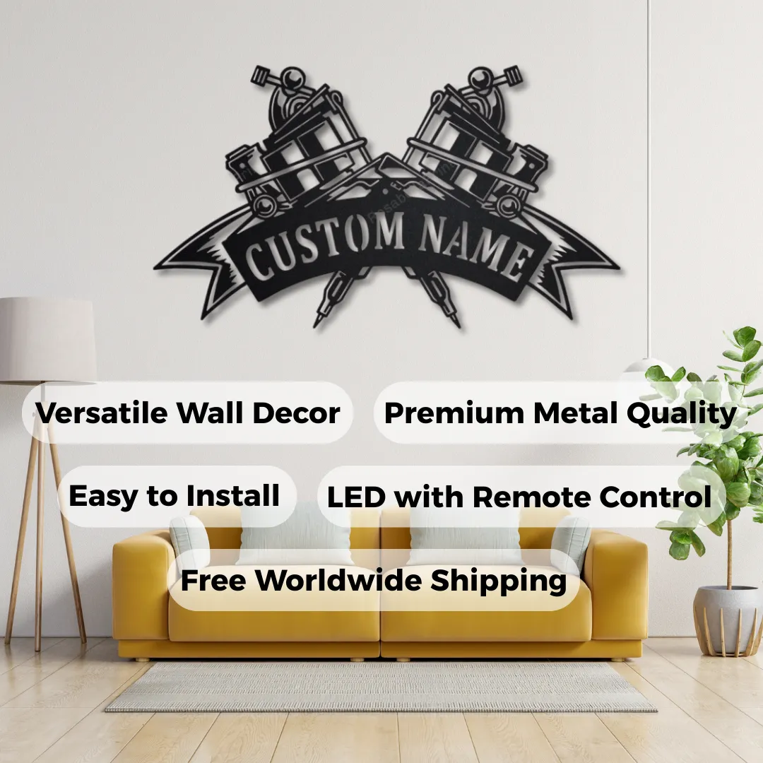 Inked Legacy Silhouettes Personalized tattoo machine metal wall art with banner name.