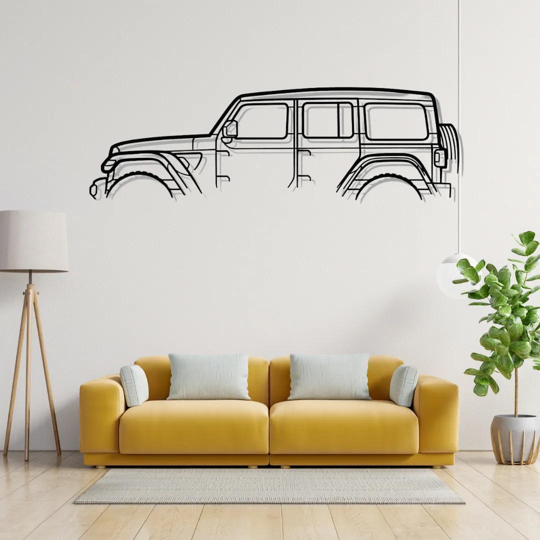 Jeep Wrangler Silhouette Jeep Wrangler metal wall art in matte black, off-road SUV silhouette decor above yellow sofa in modern living room.