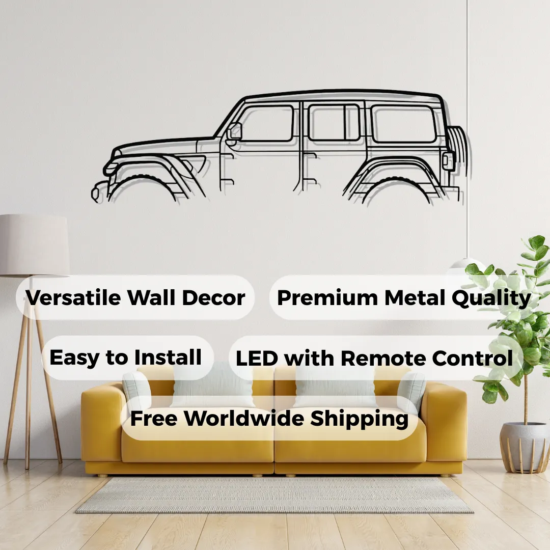 Jeep Features Jeep Wrangler metal wall art in matte black, off-road SUV silhouette decor above yellow sofa in modern living room.