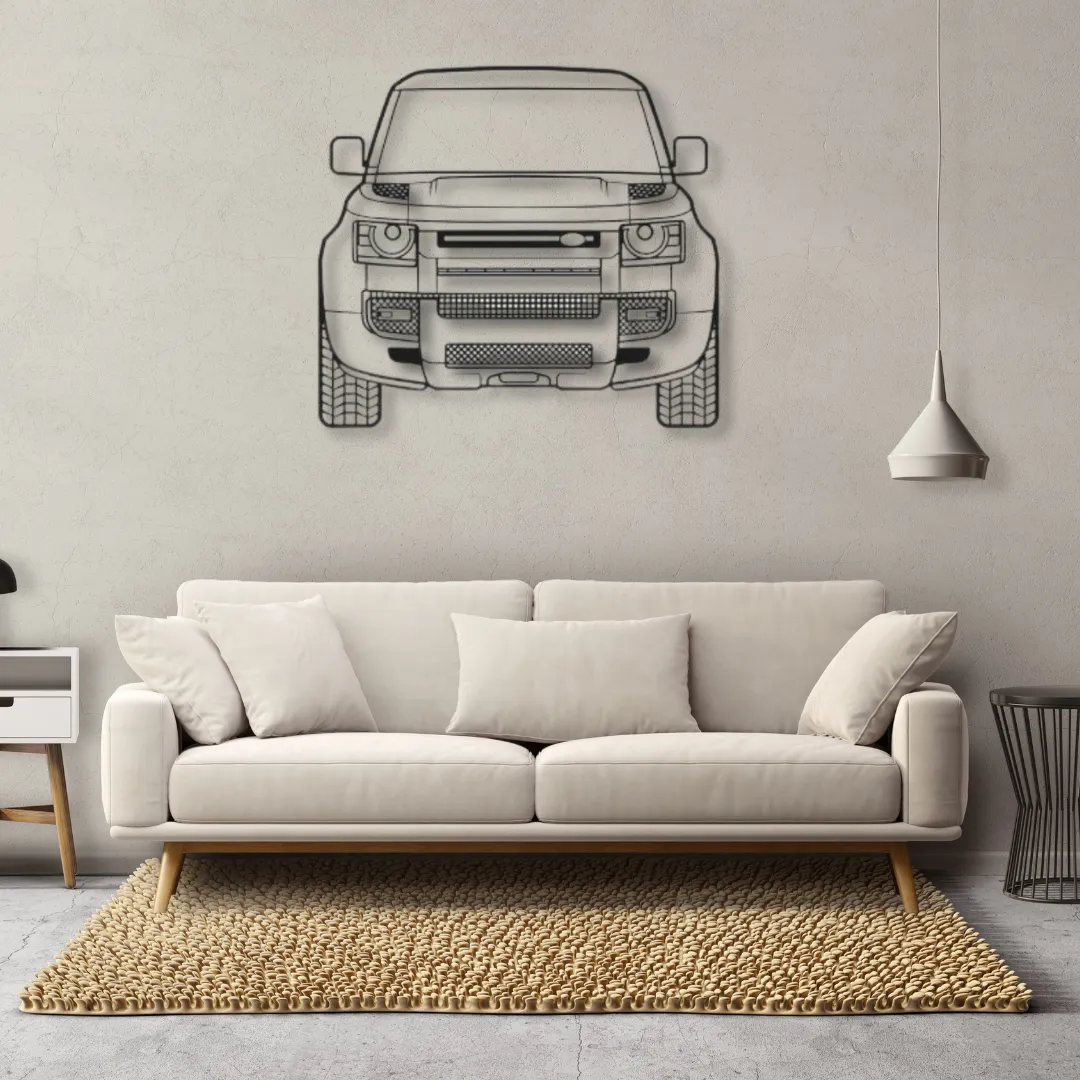 Land Rover Defender Car Metal Arts Front view of Land Rover Defender in sleek black metal wall art.
