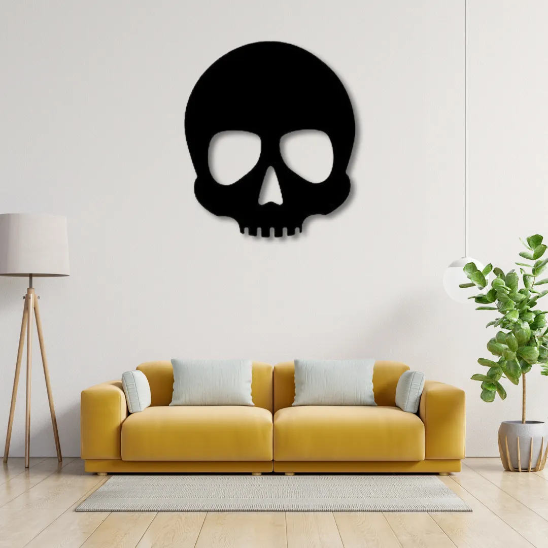 Midnight Skull Silhouette Black skull silhouette metal wall decor above yellow sofa