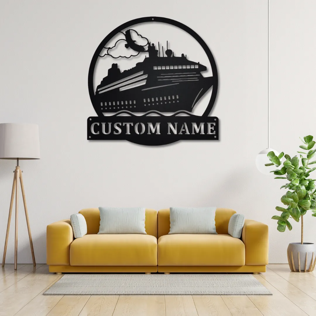 Ocean Voyage Silhouette Custom cruise ship wall decor with personalized nameplate.