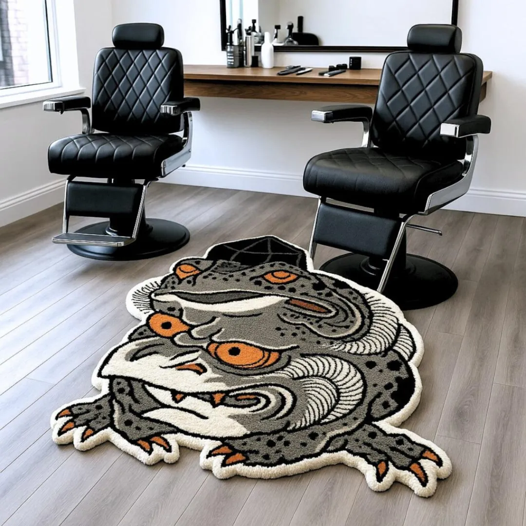 Tattoo Frog Demon Wool Rug with bold frog demon design