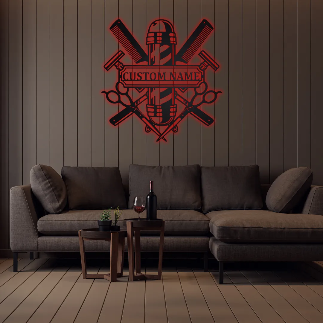 Red Barber Craft Silhouette Modern industrial barbershop decor with custom name option.