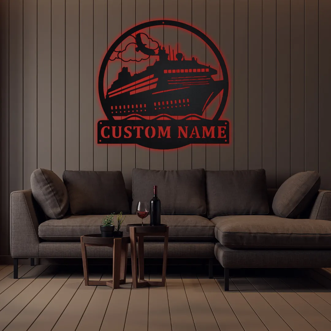 Red Ocean Voyage Silhouette Personalized metal cruise ship sign for beach house décor.