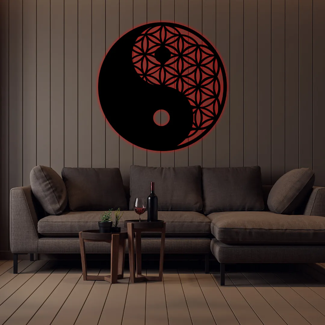 Red Yin-Yang Bloom Silhouette Black metal Yin-Yang wall hanging with Flower of Life details.