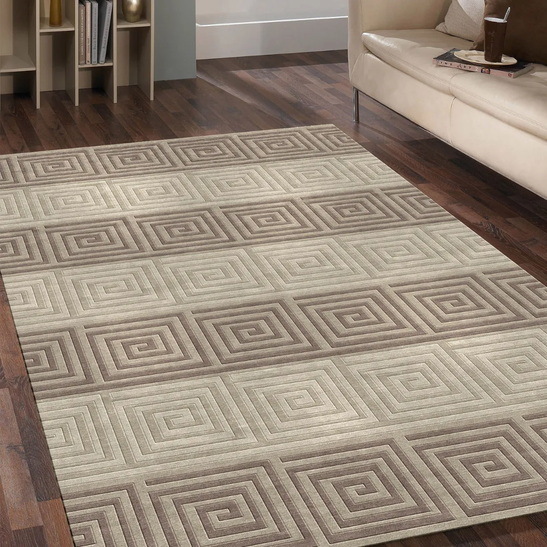 Modern spiral design area rug with soft beige and gray shades.