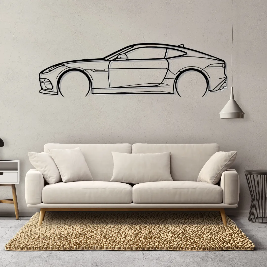 Sports Car Coupe Silhouettes Sports car coupe metal wall art in matte black, luxury car silhouette decor above yellow sofa