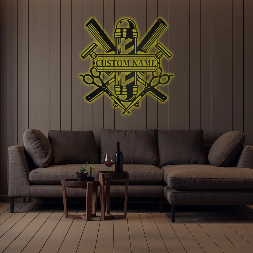 Yellow Barber Craft Silhouette Yellow Modern industrial barbershop decor with custom name option.