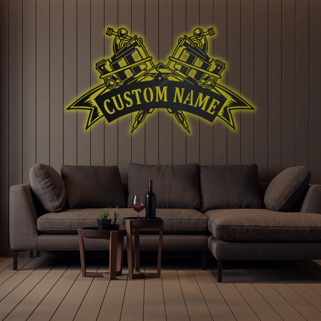 Yellow Inked Legacy Silhouette Industrial tattoo parlor wall decor with custom engraving.