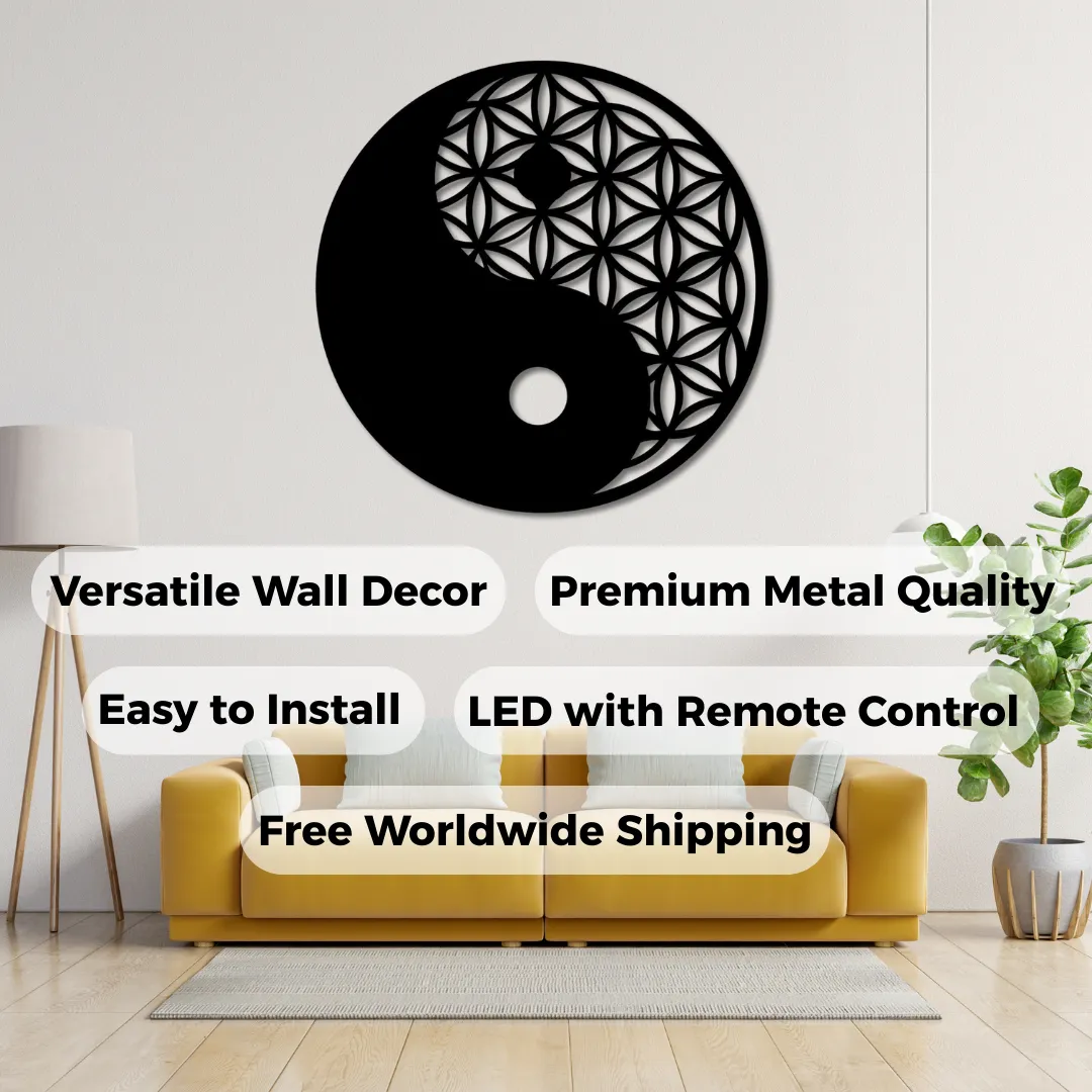 Yin-Yang Bloom Silhouettes Personalized metal art featuring Yin-Yang and geometric pattern.