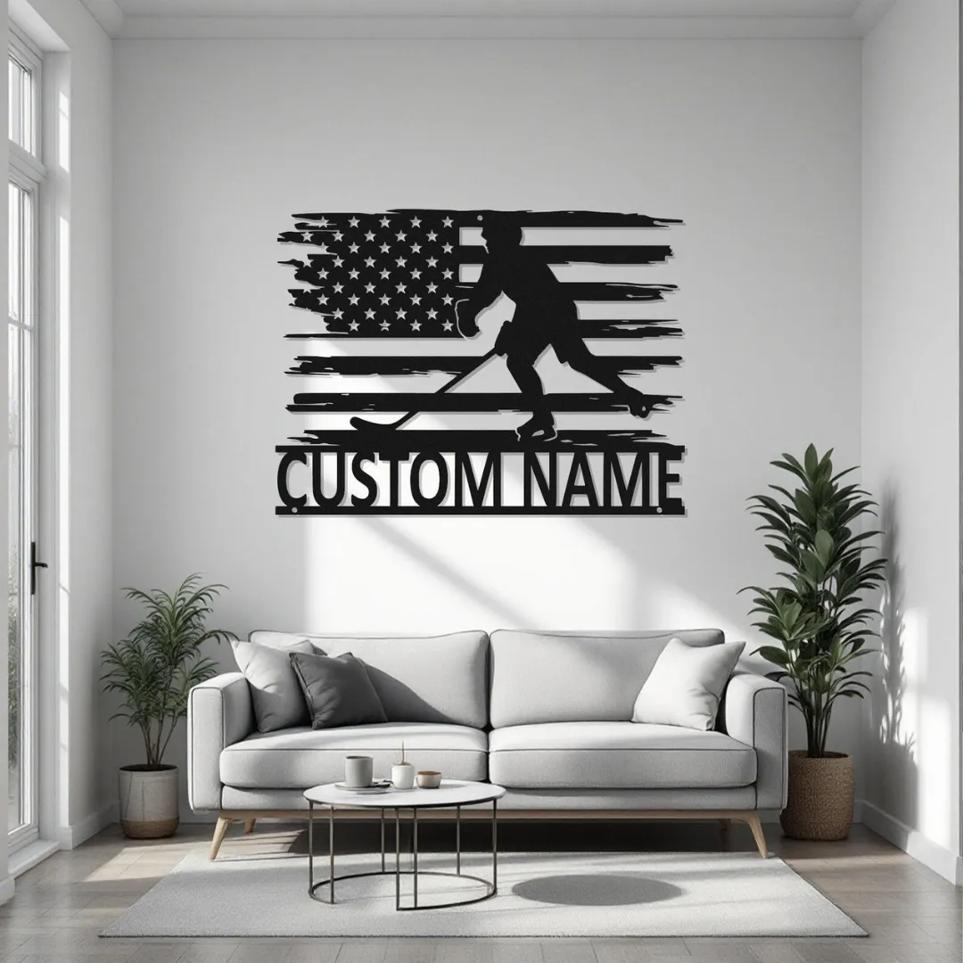 American Flag Hockey Silhouette American flag hockey metal wall art with custom name plate