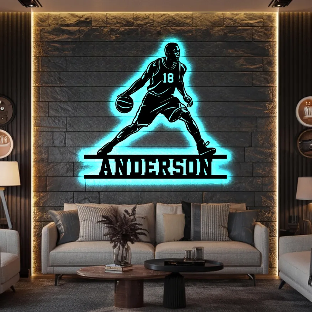 Blue Custom Basketball Player Silhouette NBA inspired basketball dribbling wall décor