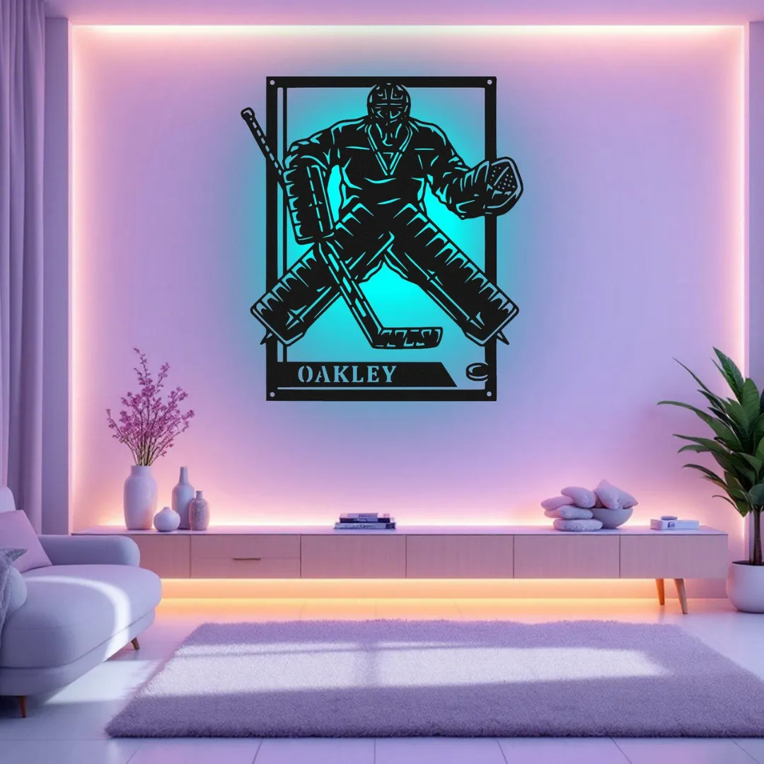 Blue Goalie Stance Silhouette Hockey goalie stance metal wall art with custom name plate