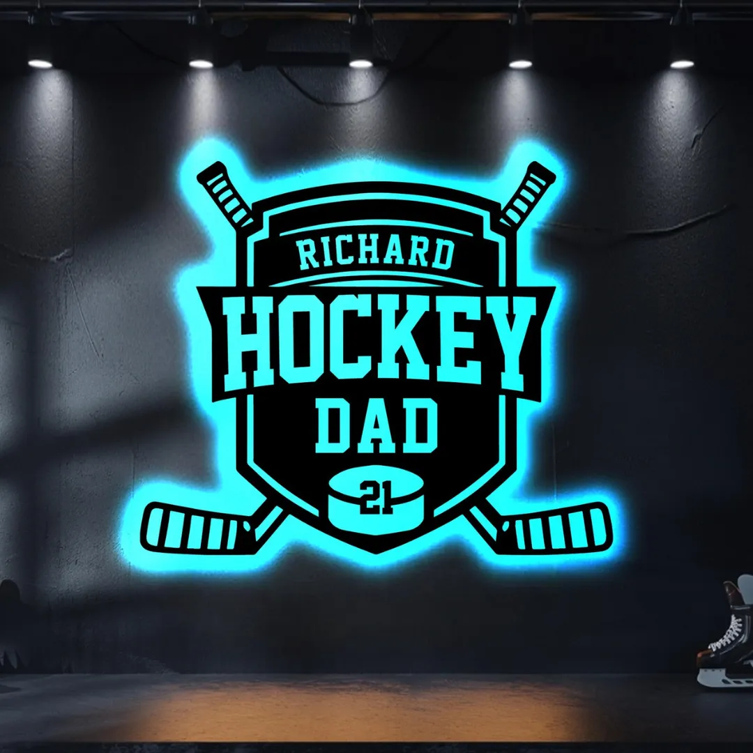 Blue Hockey Dad Silhouette Personalized hockey dad wall décor with crossed sticks and puck